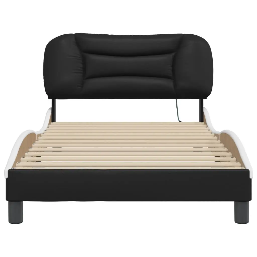 Black and White LED Bed Frame with Faux Leather