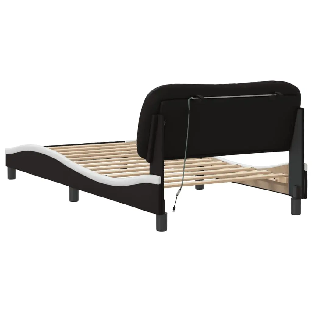 Black and White LED Bed Frame with Faux Leather