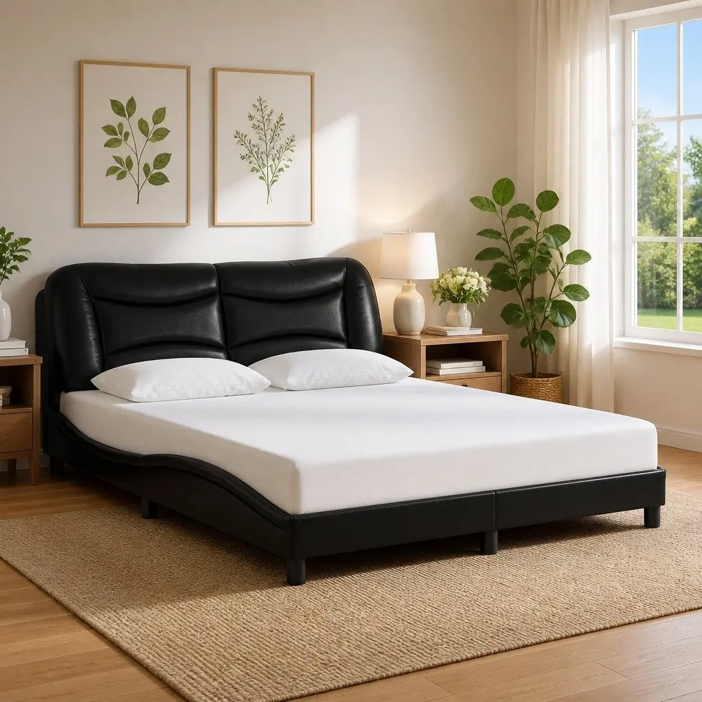 Bed Frame Faux Leather 152x203 cm Black with LED Lights Plywood Slats