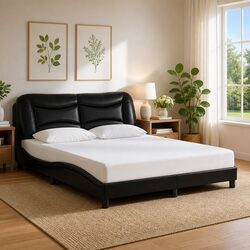LED Bed Frame with Black Faux Leather Headboard 152x203 cm