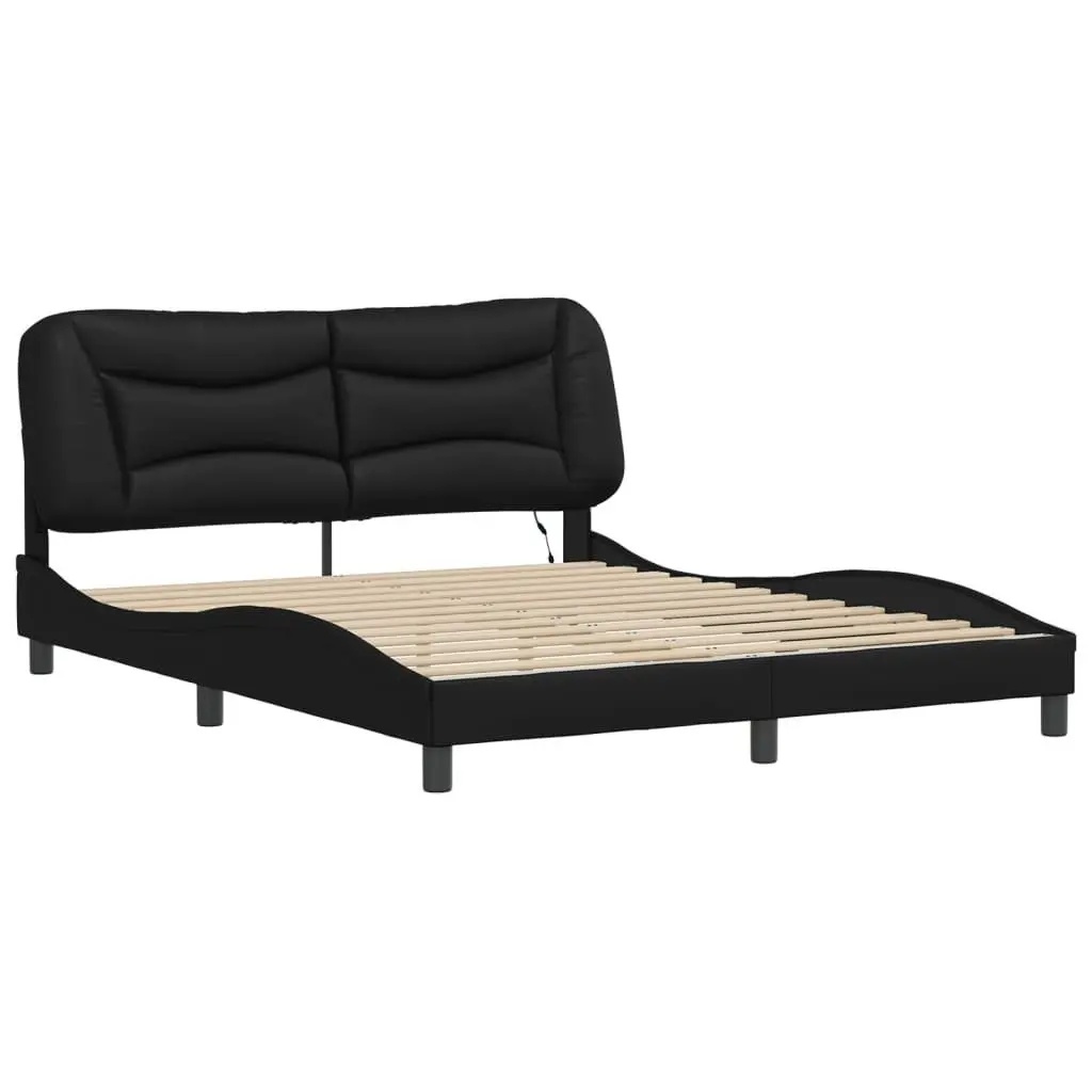 Bed Frame Faux Leather 152x203 cm Black with LED Lights Plywood Slats