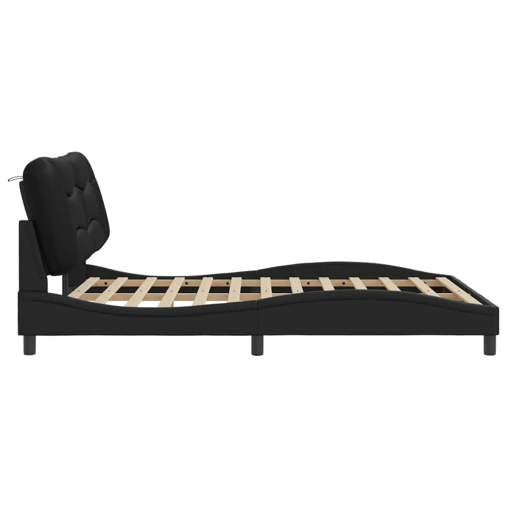 Bed Frame Faux Leather 152x203 cm Black with LED Lights Plywood Slats