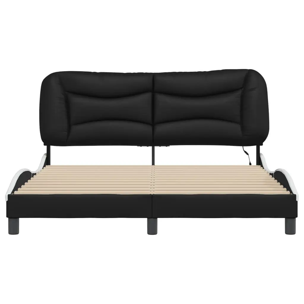 Bed Frame Faux Leather 152x203cm Black White with LED Lights