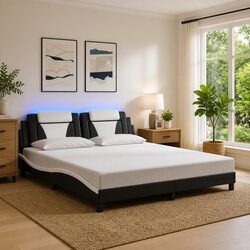 Queen Size Bed Frame with LED Lights and Faux Leather