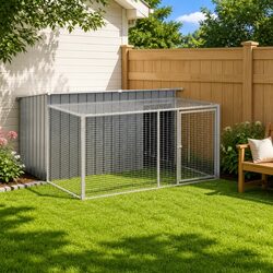 Durable Anthracite Steel Dog House with Run for Outdoor Use
