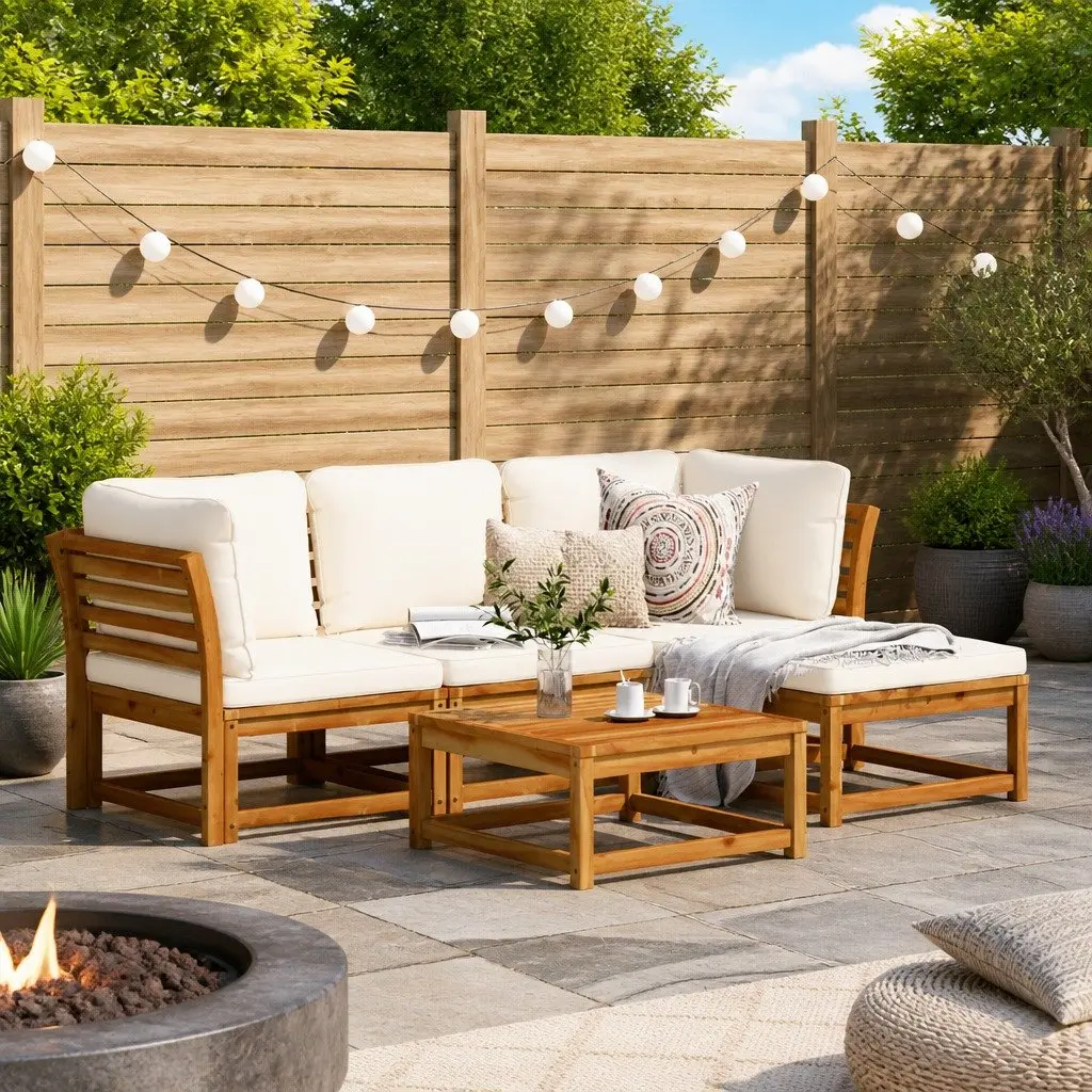 5 Piece Outdoor Sectional Lounge Set Solid Acacia Wood Brown with Cushions