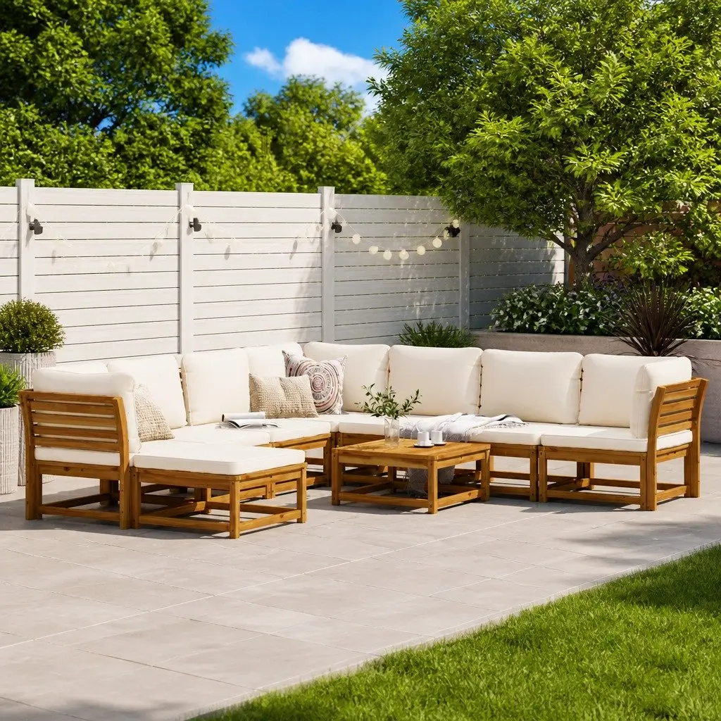 Garden Lounge Set Solid Acacia Wood 9 Piece Modular Brown Cushions
