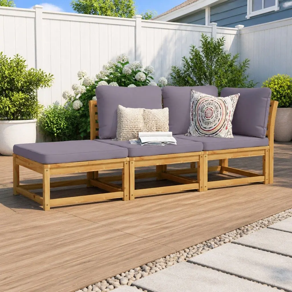 Outdoor Sectional Sofa Lounge Set Solid Acacia Wood 3 Piece Brown