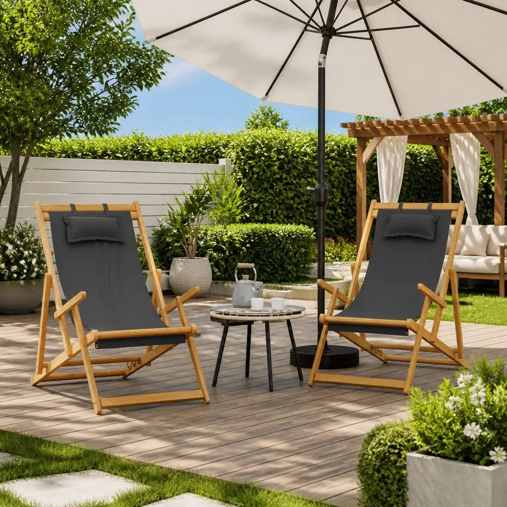 Folding Beach Chairs Wooden Frame Polyester 2 pcs Grey Outdoor Lounge Camping Garden Reclining Seating