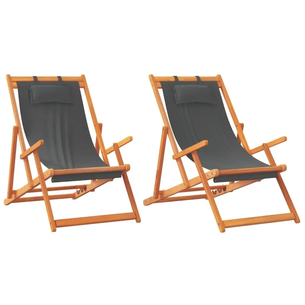 Folding Beach Chairs Wooden Frame Polyester 2 pcs Grey Outdoor Lounge Camping Garden Reclining Seating