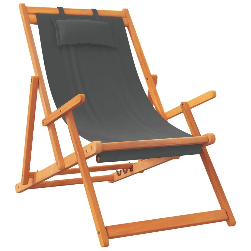Folding Beach Chairs Wooden Frame Polyester 2 pcs Grey Outdoor Lounge Camping Garden Reclining Seating