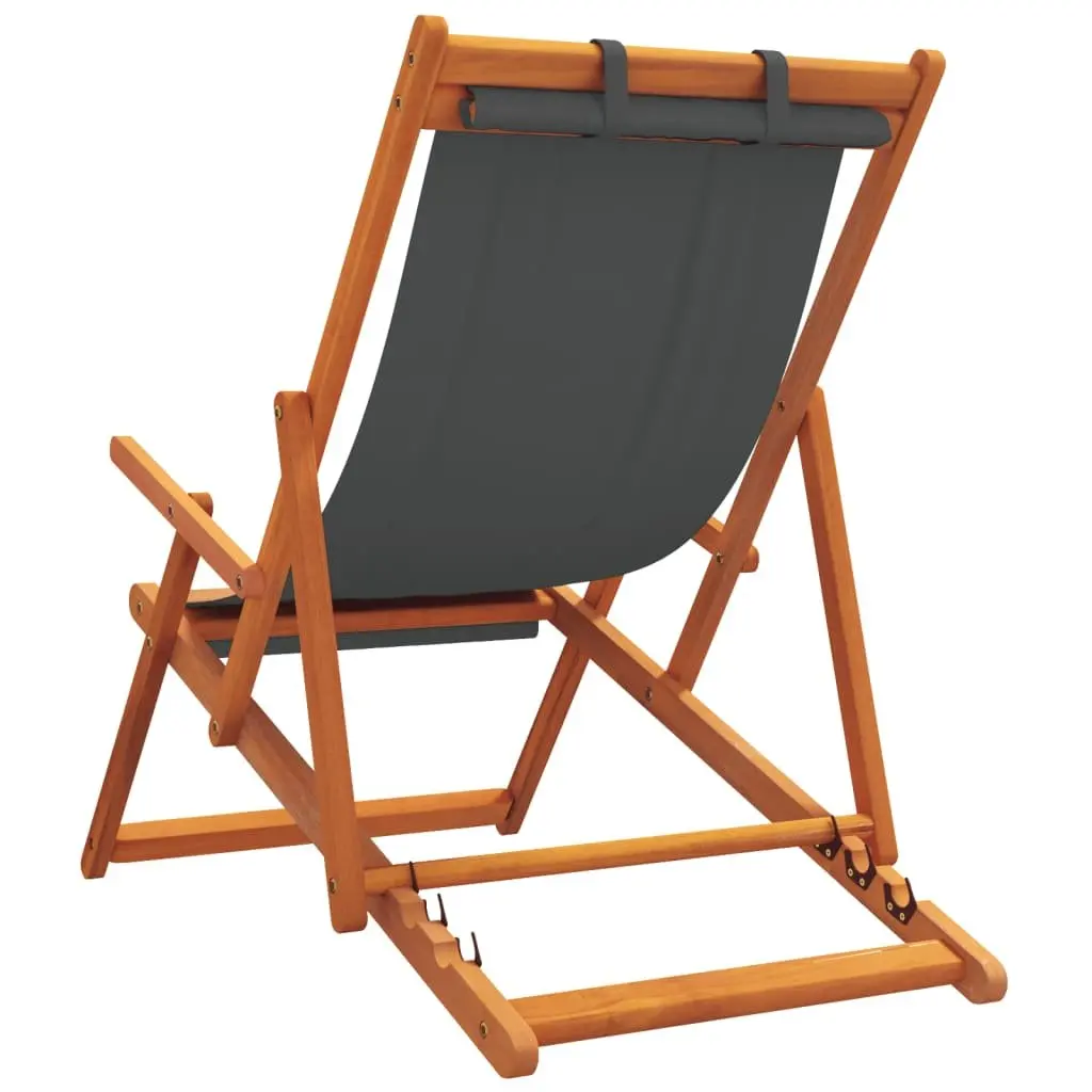 Folding Beach Chairs Wooden Frame Polyester 2 pcs Grey Outdoor Lounge Camping Garden Reclining Seating