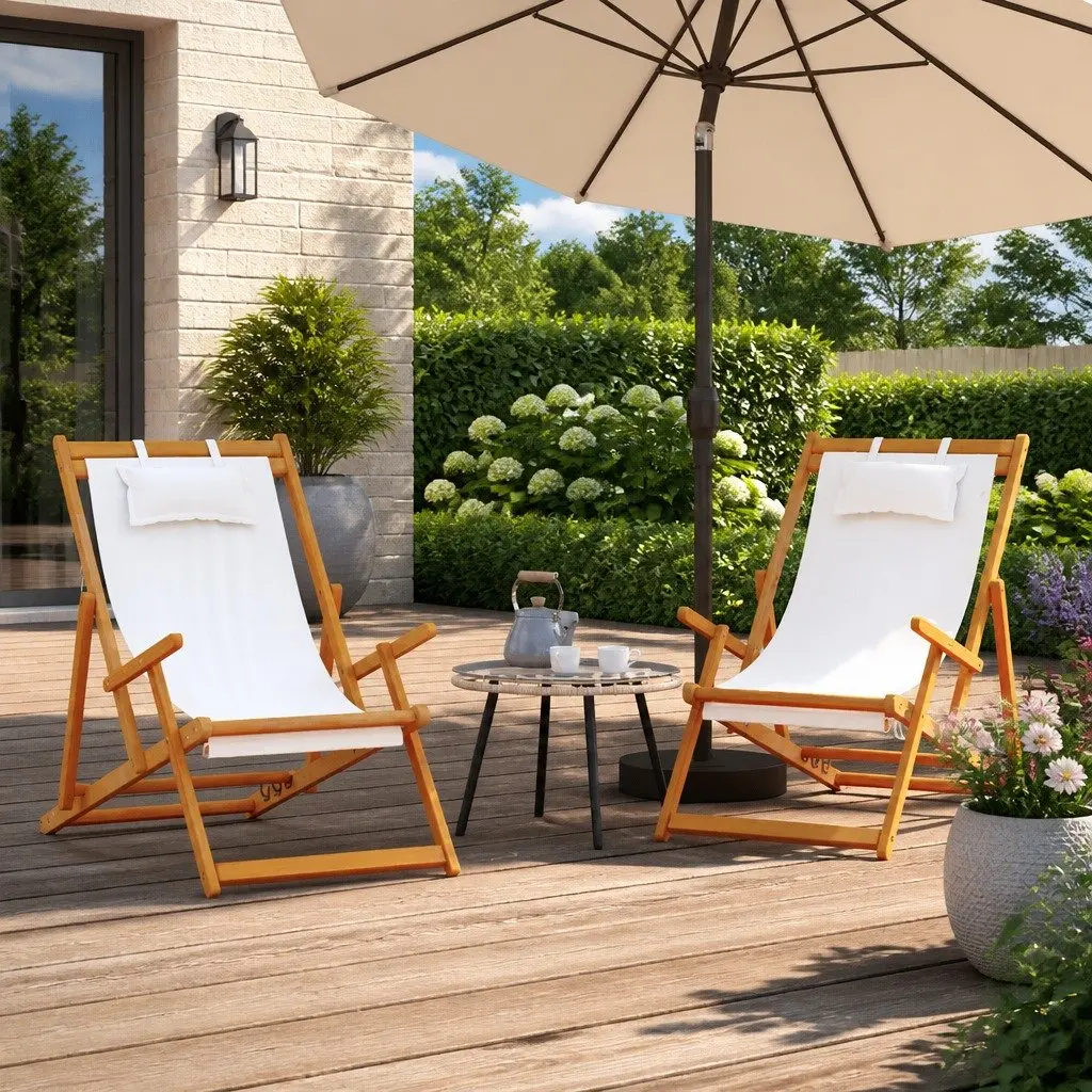 Folding Beach Chairs Wooden Frame Polyester Fabric Cream 2 Piece