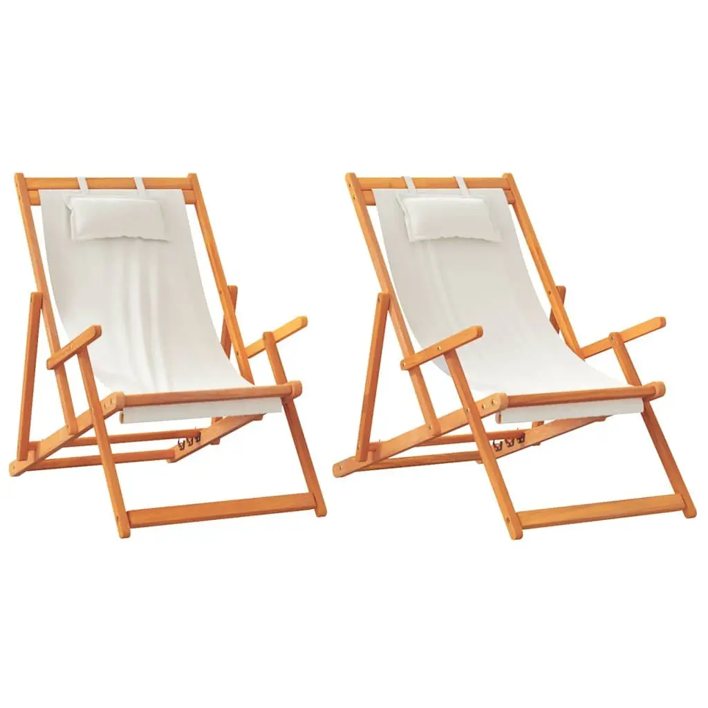 Folding Beach Chairs Wooden Frame Polyester Fabric Cream 2 Piece