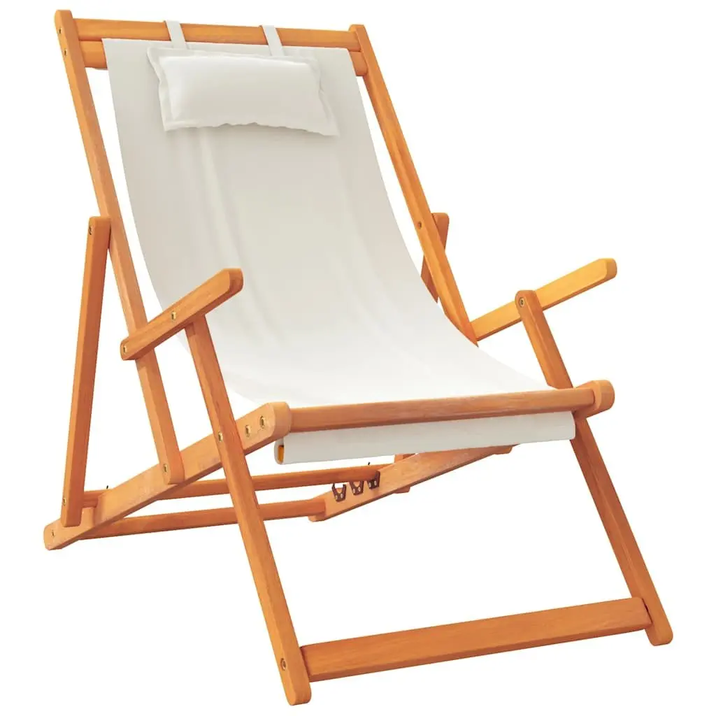 Folding Beach Chairs Wooden Frame Polyester Fabric Cream 2 Piece