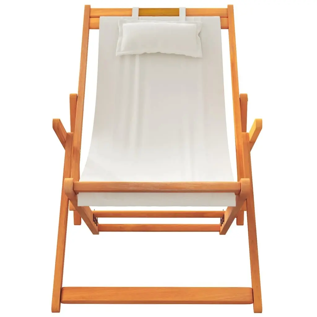 Folding Beach Chairs Wooden Frame Polyester Fabric Cream 2 Piece