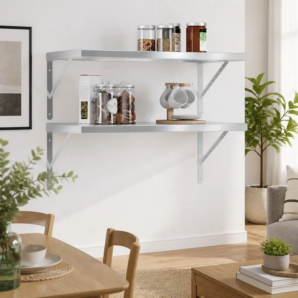 Wall Shelves Stainless Steel 75x40 cm Silver 2 Piece Floating Storage Display Rack