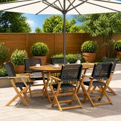 Premium Folding Garden Chairs Set of 6 – Black Rattan & Wood