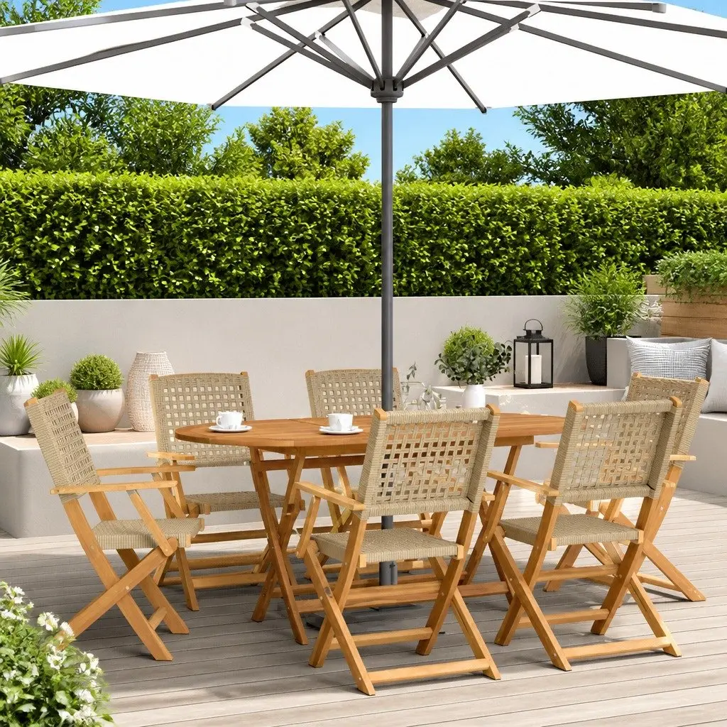 Folding Garden Chairs Poly Rattan Solid Acacia Wood Beige 6 Piece
