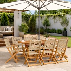 Set of 8 Beige Folding Garden Chairs with Rattan and Wood
