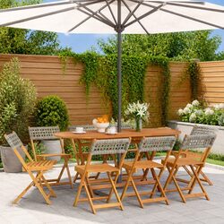 Grey Folding Garden Chairs Set of 8 with Rattan and Wood