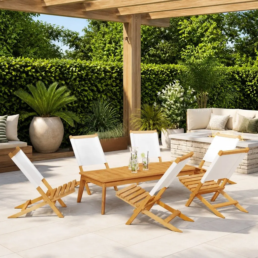 Folding Garden Chairs Solid Wood Fabric White 6 Piece Set Outdoor Seating