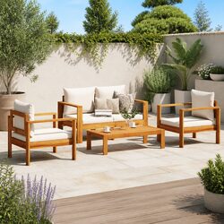 Solid Acacia Wood 4 Piece Garden Sofa Set with Red Cushions