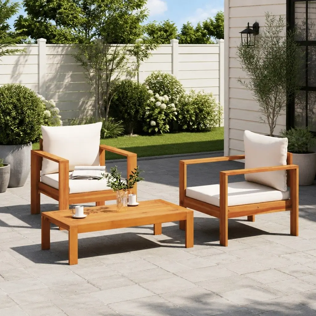 Garden Sofa Set Solid Acacia Wood 3 Piece Cream Cushions Modular