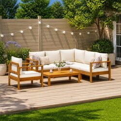 5-Piece Acacia Wood Garden Sofa Set with Cream Cushions