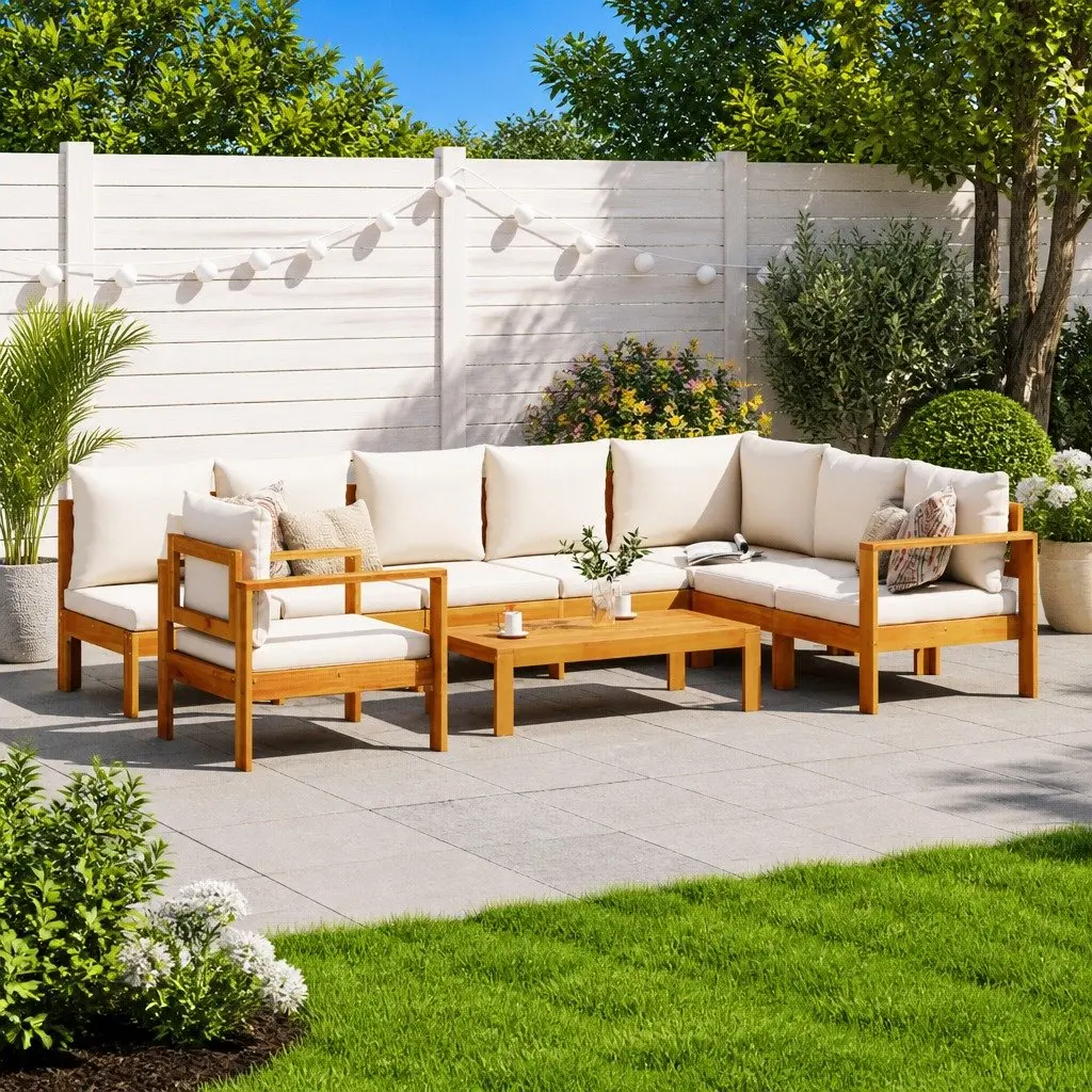 6 Piece Garden Sofa Set Solid Acacia Wood Cream Modular Outdoor Furniture with Cushions