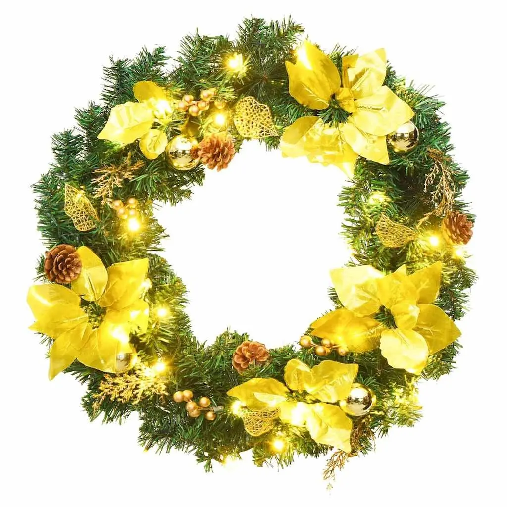 Christmas Wreath PVC 60cm Green Gold with LED Lights