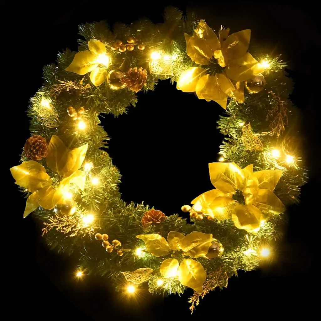 Christmas Wreath PVC 60cm Green Gold with LED Lights