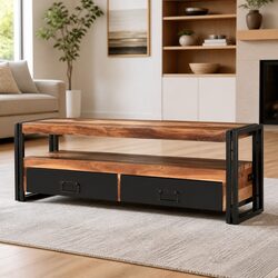Sturdy Brown Wood TV Cabinet with Drawers and Open Compartment