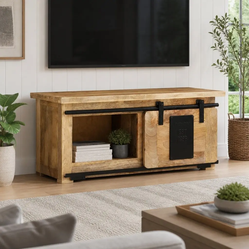 Rustic TV Cabinet 90x35x40 cm in Solid Mango Wood
