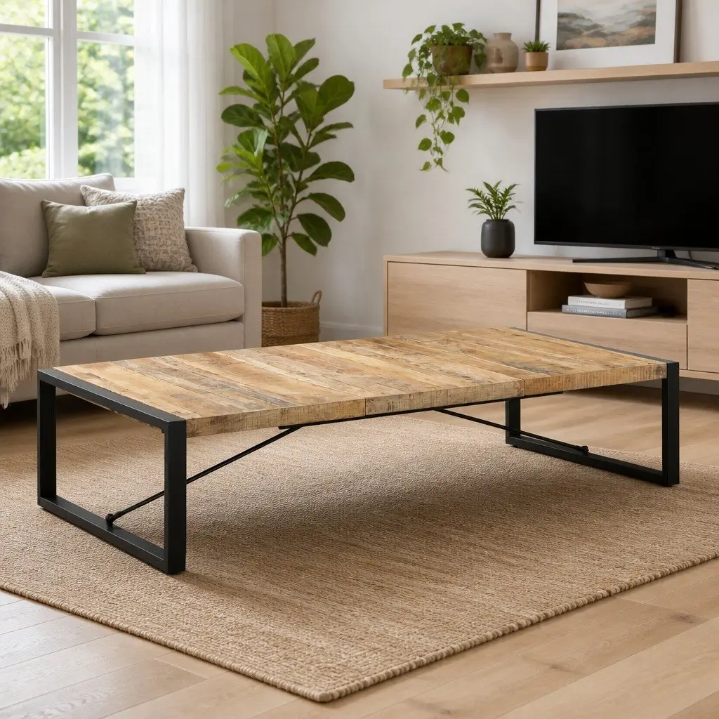 Solid Mango Wood Industrial Coffee Table 180x90x40 cm