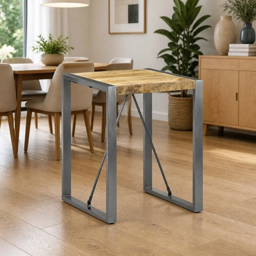 Dining Table Solid Rough Mango Wood 60x60x75cm Powder-coated Steel Legs Grey
