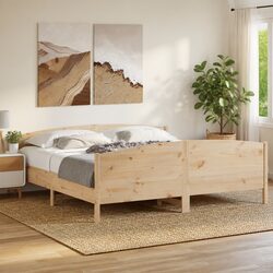 King Bed Frame 183x203cm Solid Pine Wood Headboard Footboard Slatted Base Brown