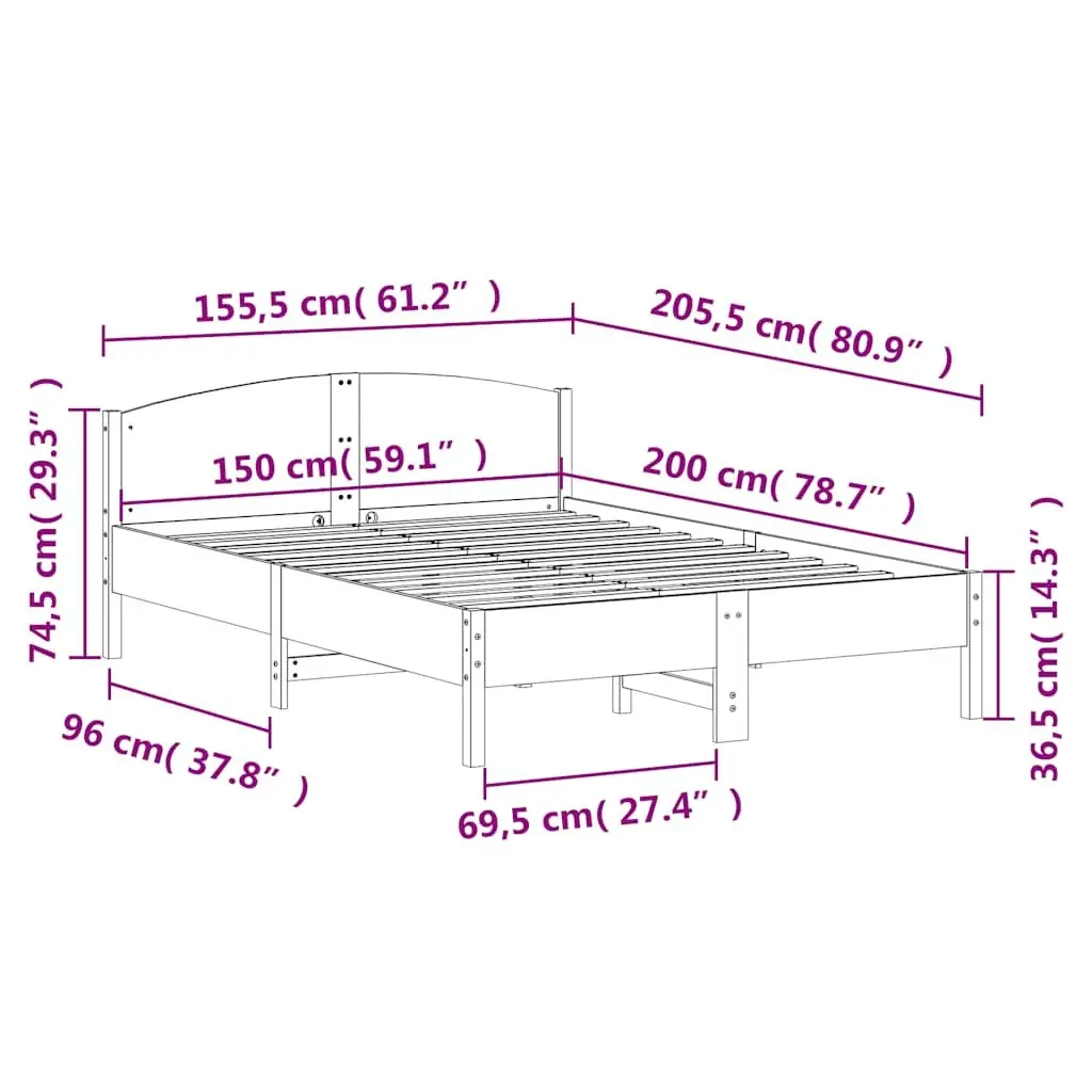 Solid Wood Pine Bed Frame 150x200 cm with Slatted Base