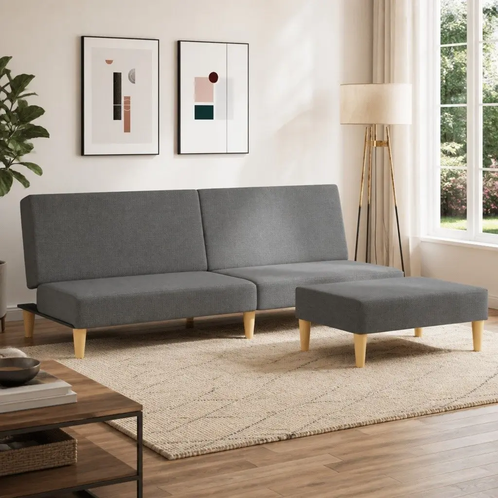 Adjustable Grey Velvet Sofa Bed with Pillows and Footstool