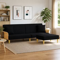 2-Seater Sofa Bed with Footstool Adjustable Backrest Black Velvet Guest Sleeping