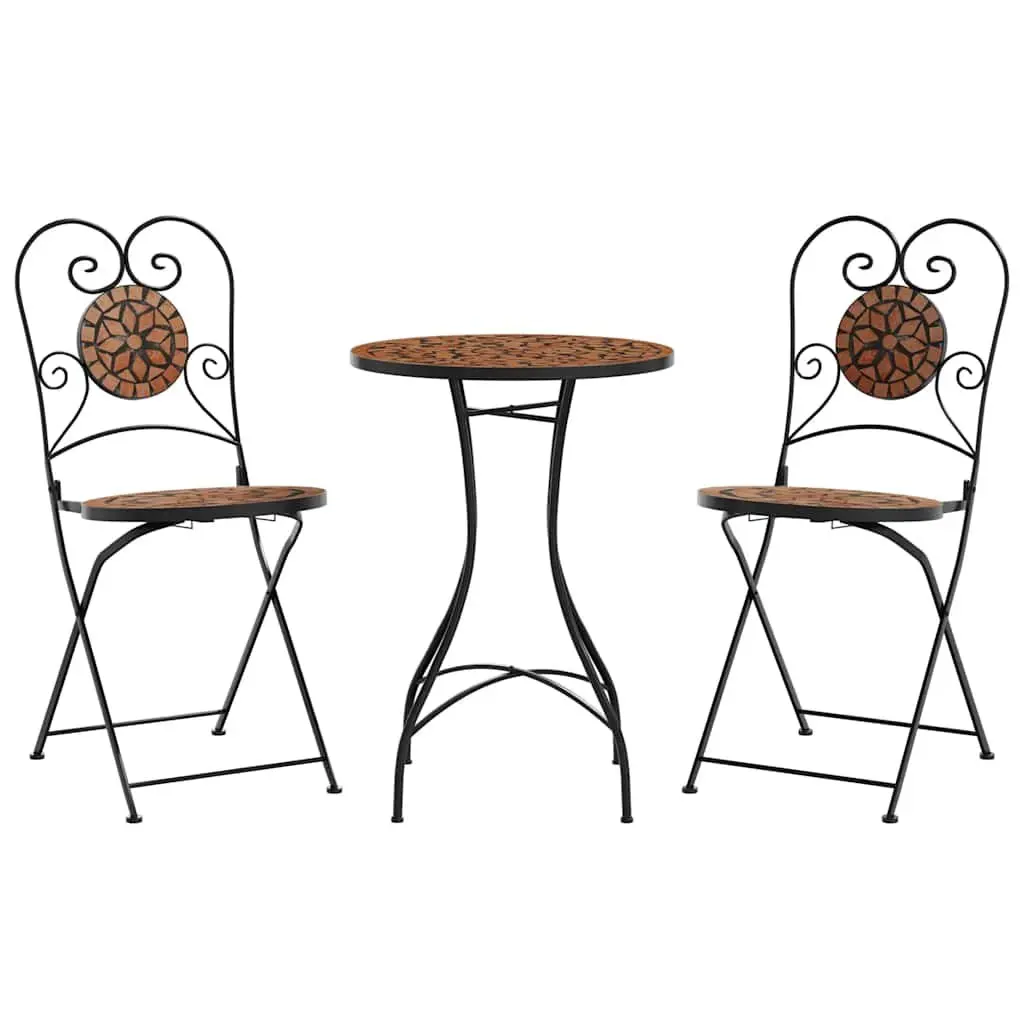 Orange Ceramic Mosaic Tabletop Bistro Set with Iron Frame and Foldable Chairs for Garden and Balcony