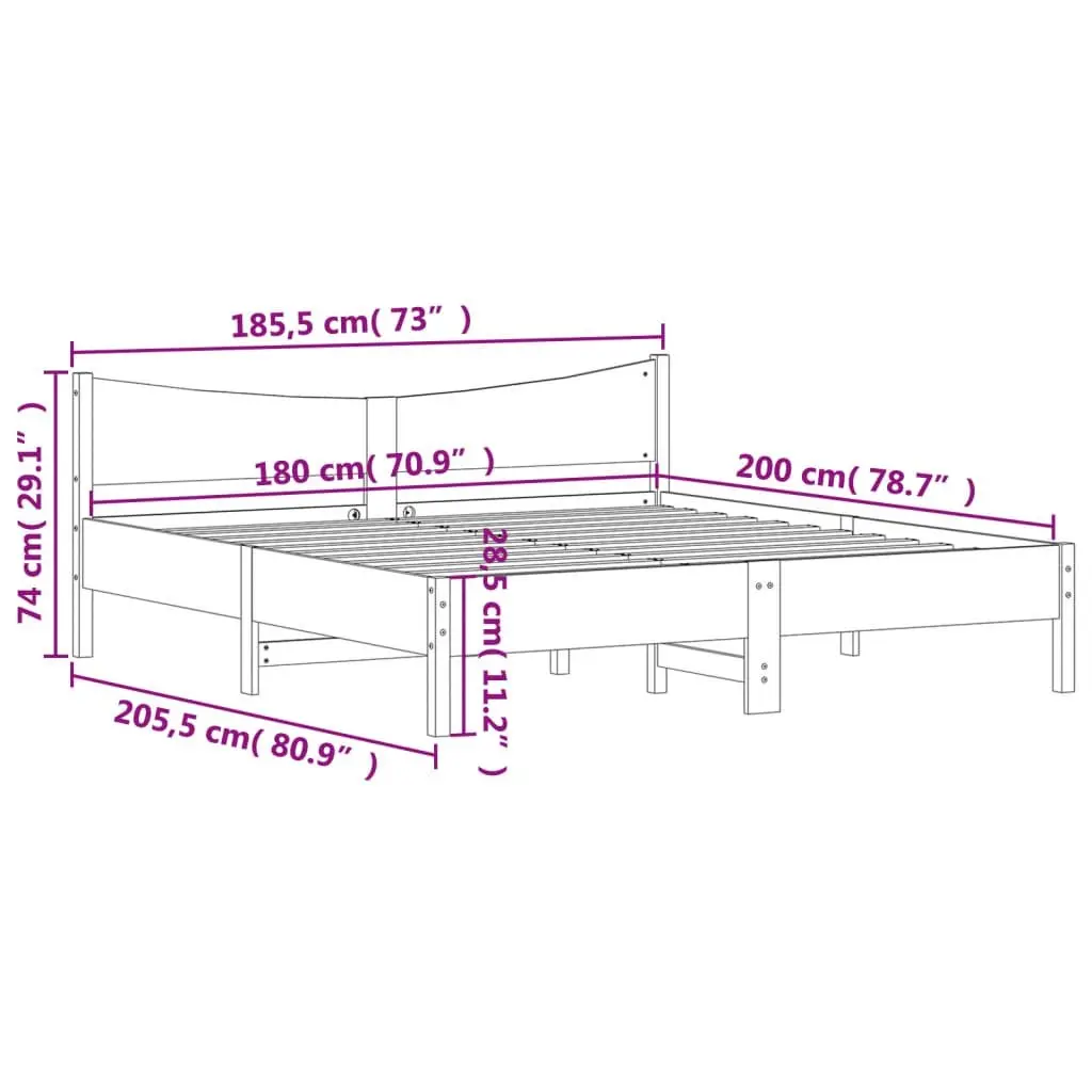 Solid Wood King Bed Frame with Brown Headboard 183x203cm