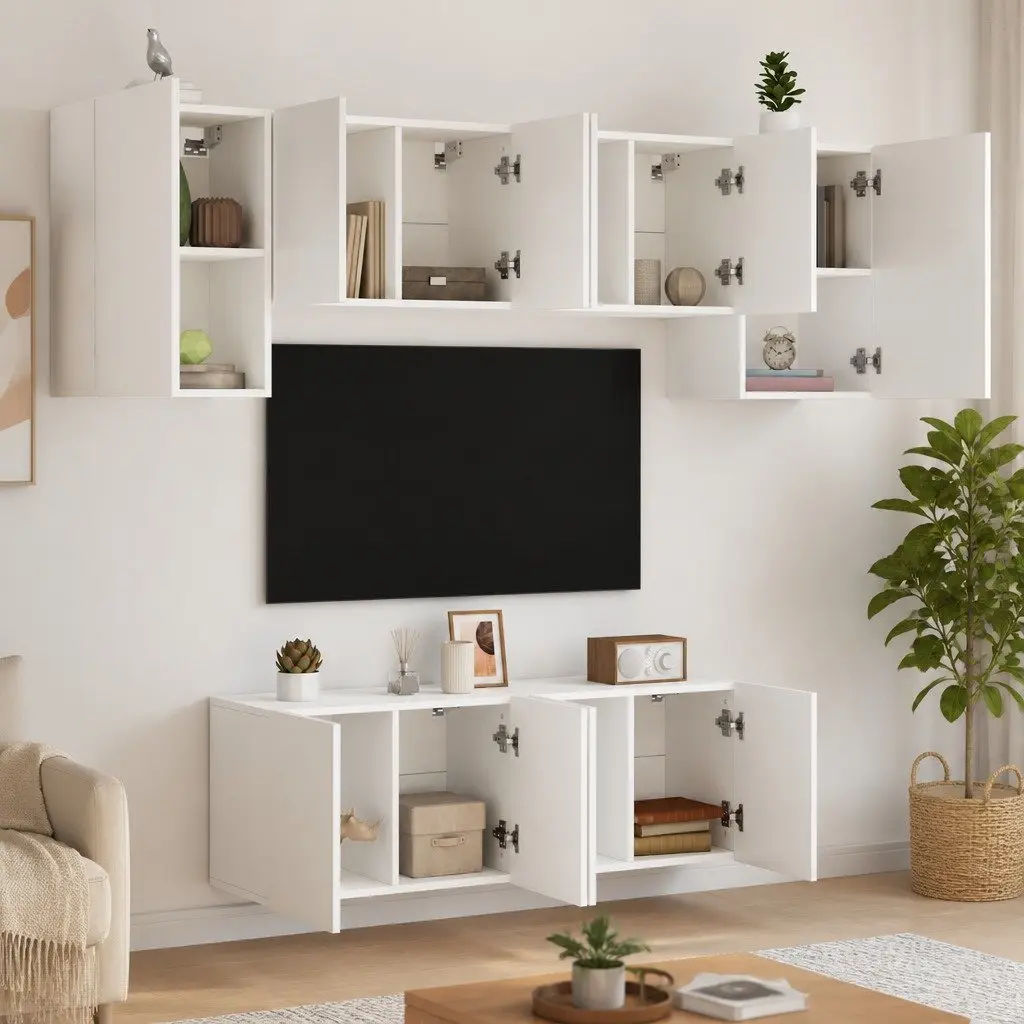 6-Piece White Engineered Wood Floating TV Wall Unit