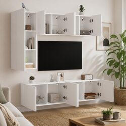 Sturdy White Wall-Mounted 5 Piece TV Storage Unit