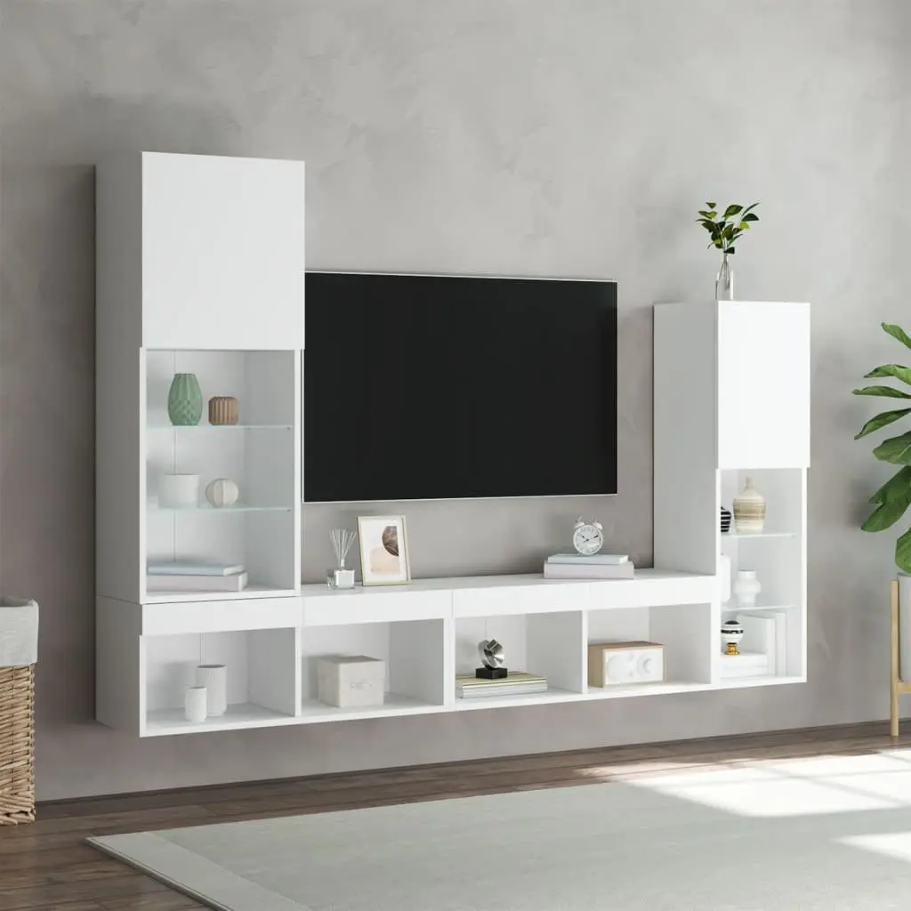 TV Wall Units Engineered Wood 4 Piece Floating Wall Mounted Cabinet White RGB LED Lights
