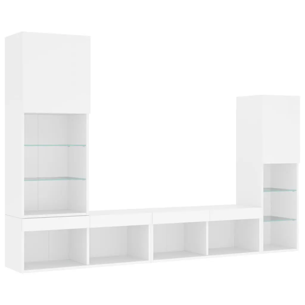 TV Wall Units Engineered Wood 4 Piece Floating Wall Mounted Cabinet White RGB LED Lights