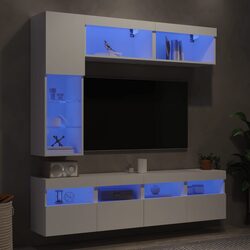 Stylish 7 Piece White Floating TV Wall Cabinet with LED Lights
