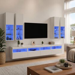 TV Wall Cabinet Set 7 Piece with RGB LED Lights White Floating Storage Unit