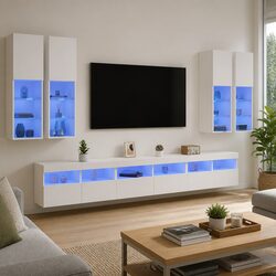 White Floating Media Unit 7 Piece TV Wall Cabinet with LED