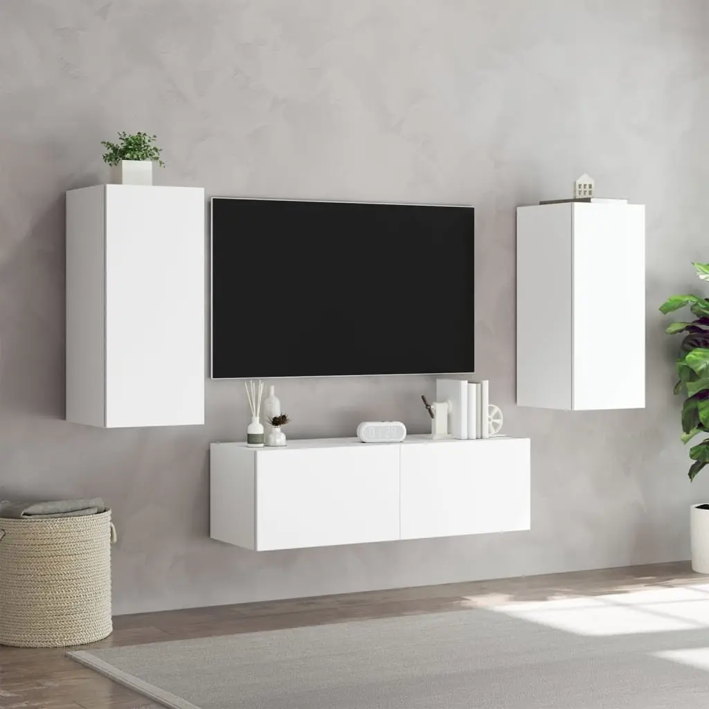 TV Wall Cabinets Engineered Wood 3 Piece White Floating Storage Units with RGB LED Lights